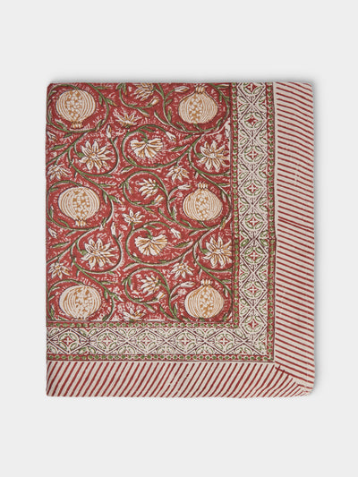 Chamois - Tangier Pomegranate Block-Printed Cotton Rectangular Tablecloth (138in/3.5m) - Multiple - ABASK - 