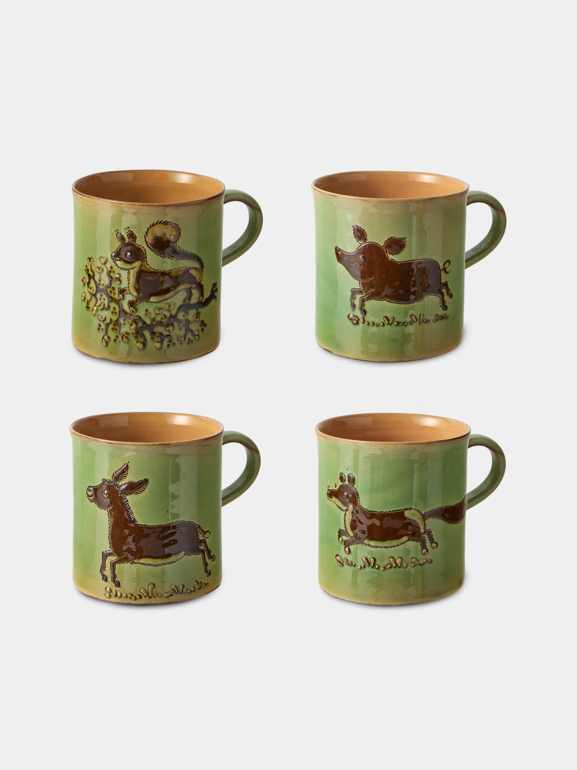 Poterie d’Évires - Animals Hand-Painted Ceramic Mugs (Set of 4) - Green - ABASK - 