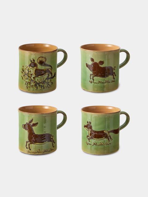 Poterie d’Évires - Animals Hand-Painted Ceramic Mugs (Set of 4) - Green - ABASK - 