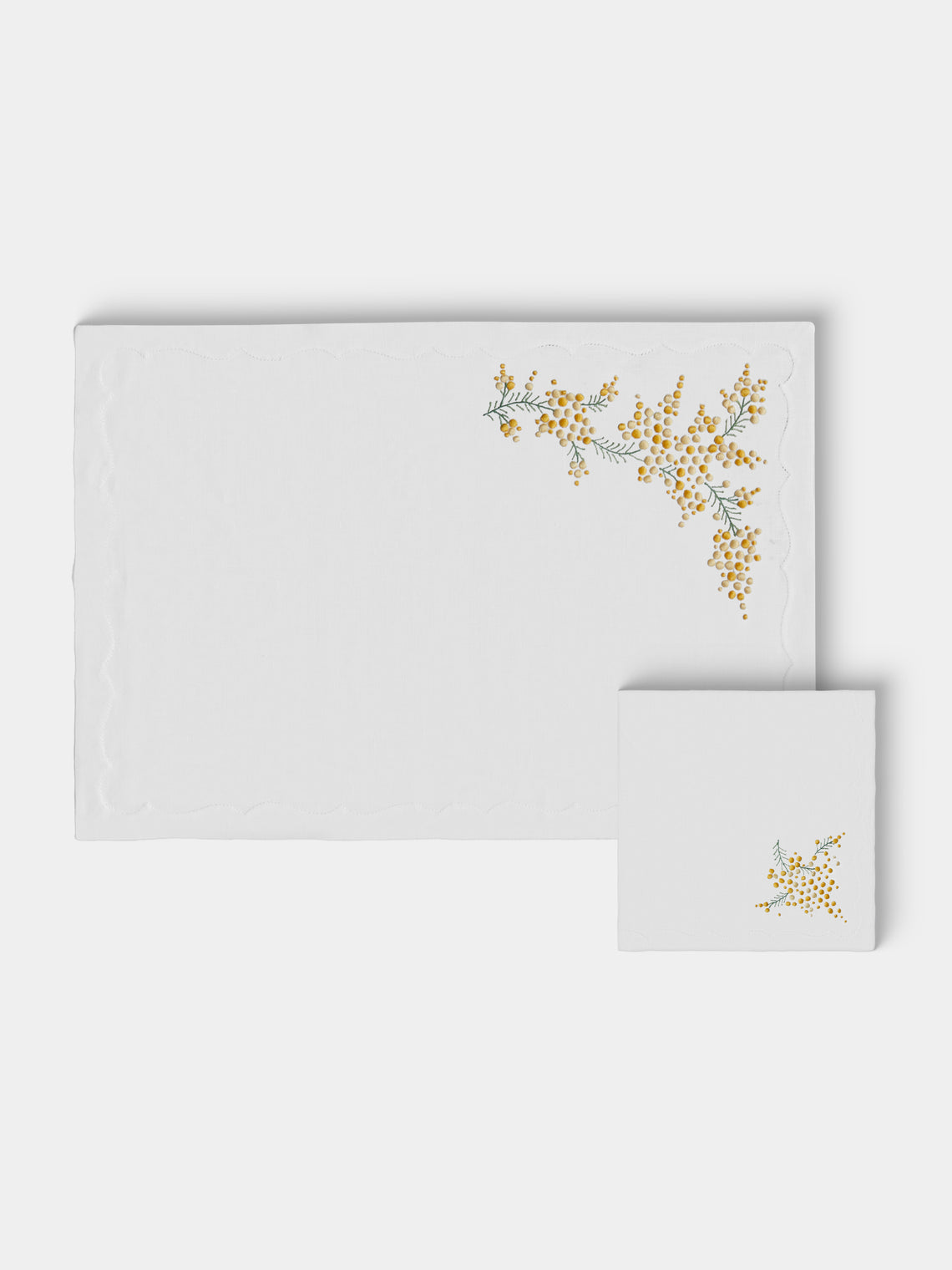 Taf Firenze - | Set of 6 | Mimosa Hand-Embroidered Linen Placemats and Napkins - White - ABASK - 