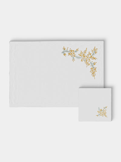 Taf Firenze - | Set of 6 | Mimosa Hand-Embroidered Linen Placemats and Napkins - White - ABASK - 