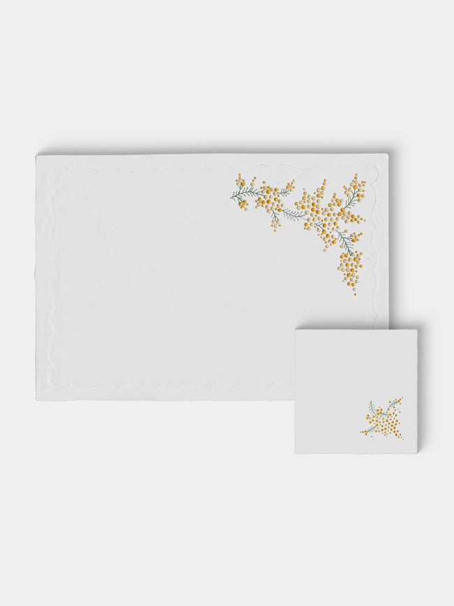 Taf Firenze - | Set of 6 | Mimosa Hand-Embroidered Linen Placemats and Napkins - White - ABASK - 