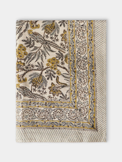Chamois - Parrots Block Printed Linen Tablecloth (138in/3.5m) - Natural - ABASK - 