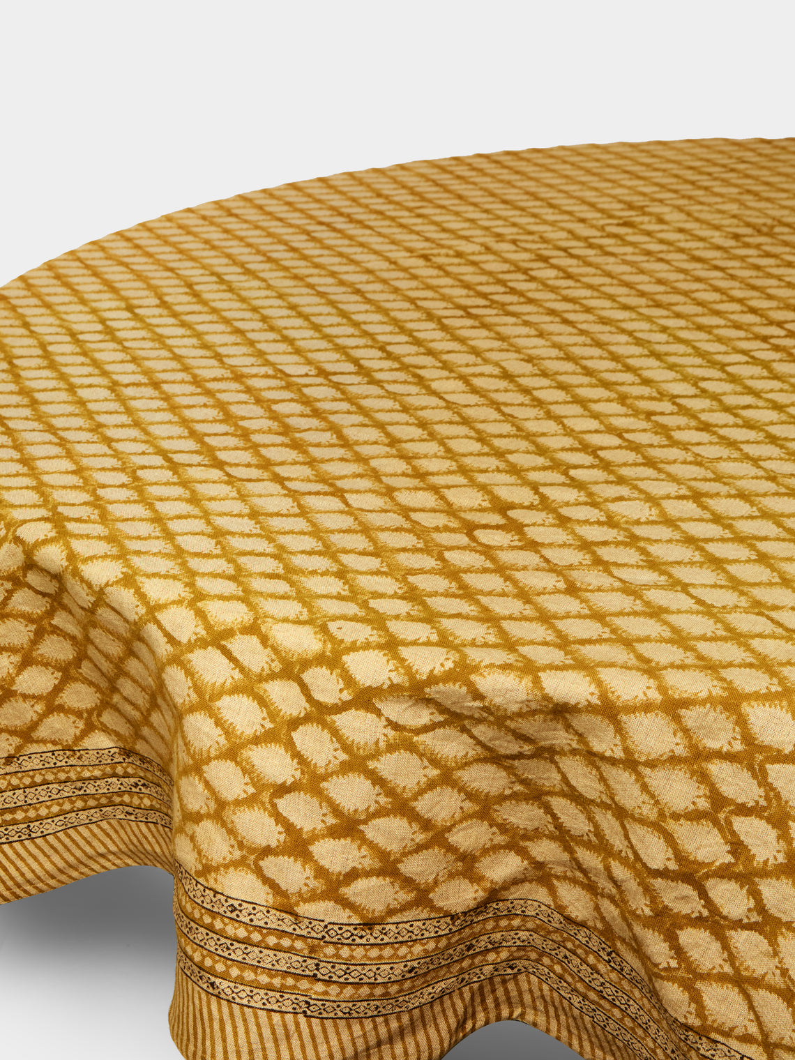Chamois - Cypress Block-Printed Linen Round Tablecloth (86.5in/2.2m) - Orange - ABASK