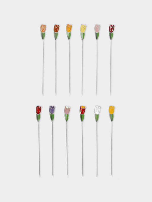 Antique and Vintage - 1953 Dutch Tulip Silver and Enamel Cocktail Picks (Set of 12) -  - ABASK - 