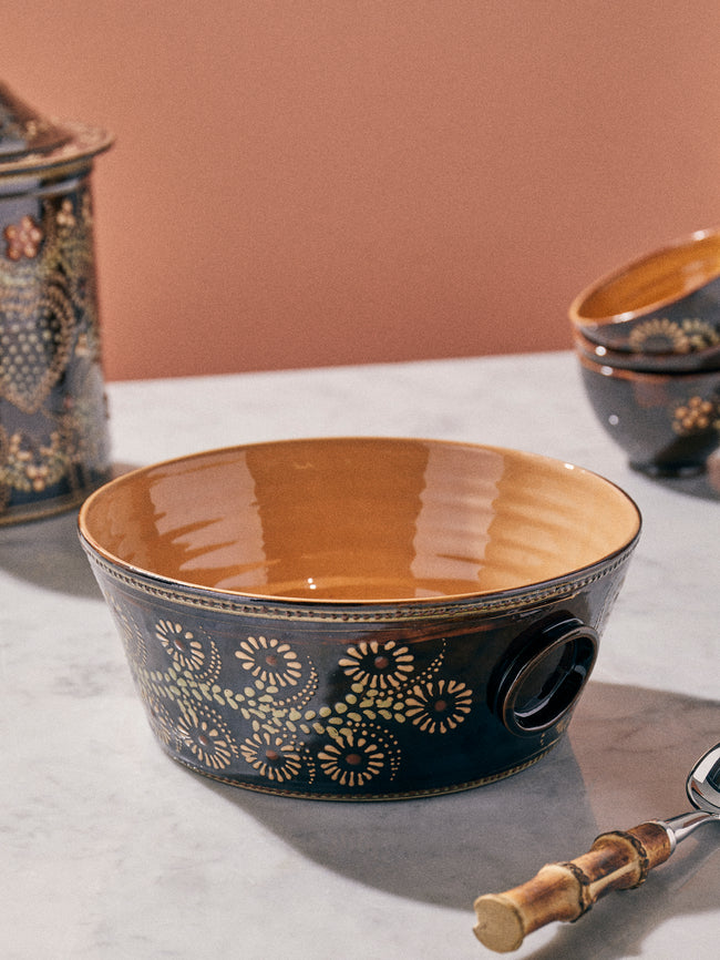 Poterie d’Évires - Flowers Hand-Painted Ceramic Large Handled Serving Bowl - Dark brown - ABASK