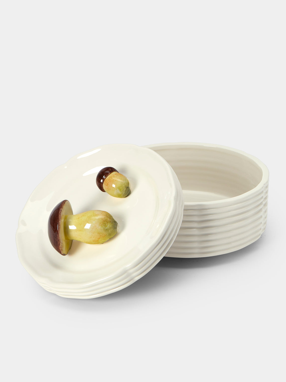 Este Ceramiche - Mushrooms Hand-Painted Ceramic Trompe-L'oeil Large Serving Dish - White - ABASK