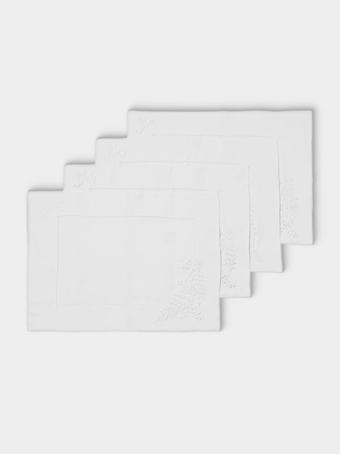 ERI Textiles - | Set of 4 | Fern Hand-Embroidered Linen Placemats - White - ABASK