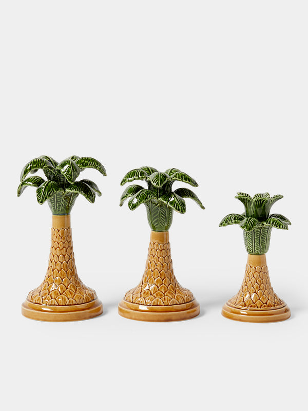 Verdolini - Palm Tree Hand-Painted Majolica Ceramic Candle Holders (Set of 3) - Green - ABASK - 