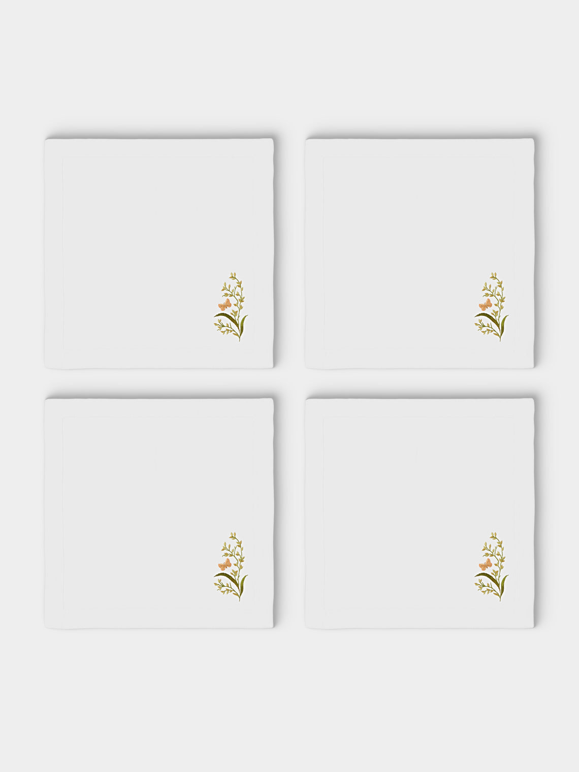 ERI Textiles - | Set of 4 | Green Meadow Hand-Embroidered Linen Napkins - White - ABASK - 