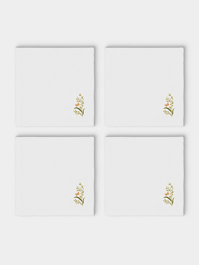 ERI Textiles - | Set of 4 | Green Meadow Hand-Embroidered Linen Napkins - White - ABASK - 