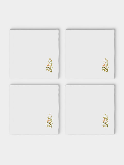 ERI Textiles - | Set of 4 | Green Meadow Hand-Embroidered Linen Napkins - White - ABASK - 