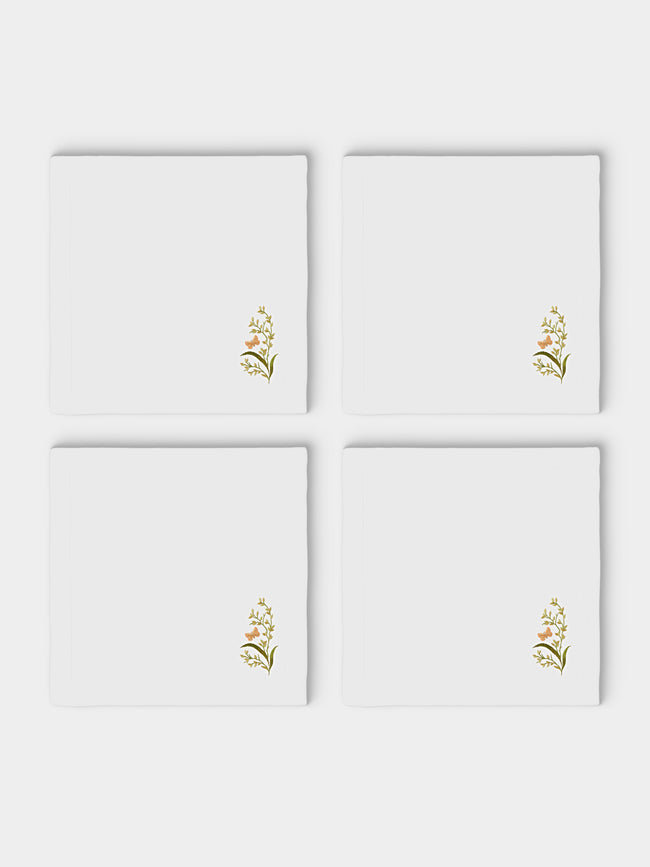 ERI Textiles - | Set of 4 | Green Meadow Hand-Embroidered Linen Napkins - White - ABASK - 