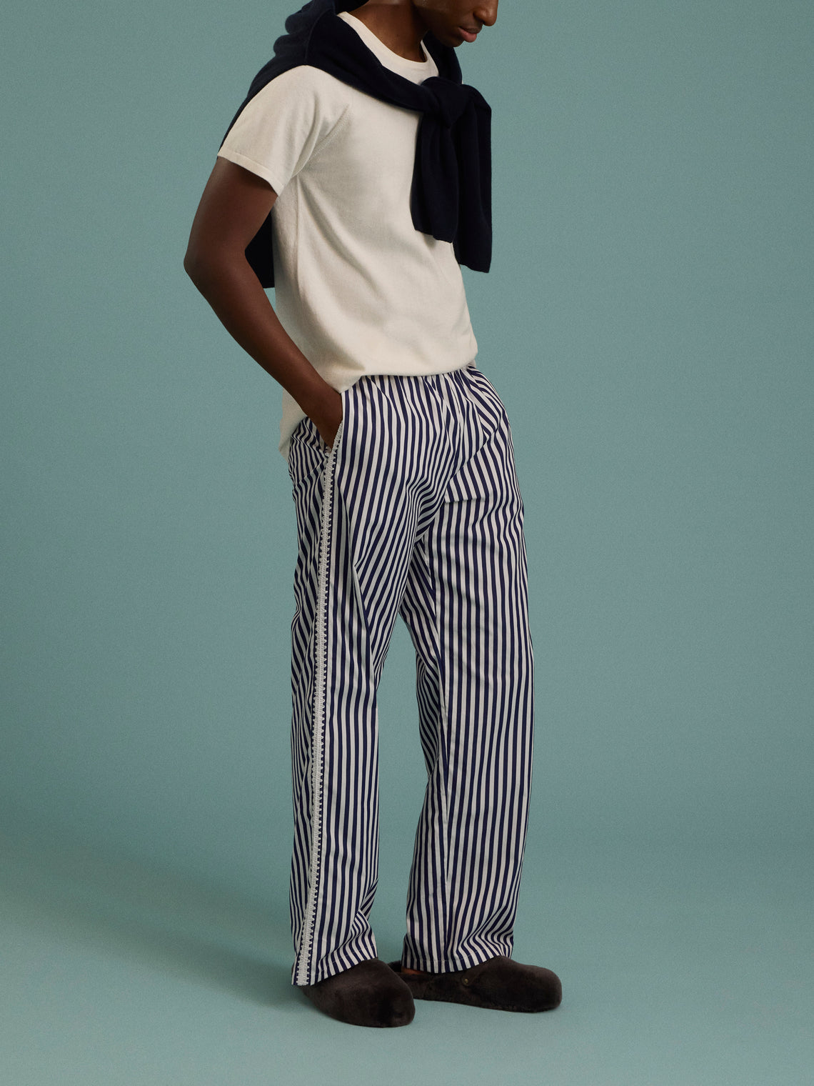 Sebline - Marocaine Hand-Embroidered Cotton Pajama Trousers | Size: M/L - Navy - ABASK