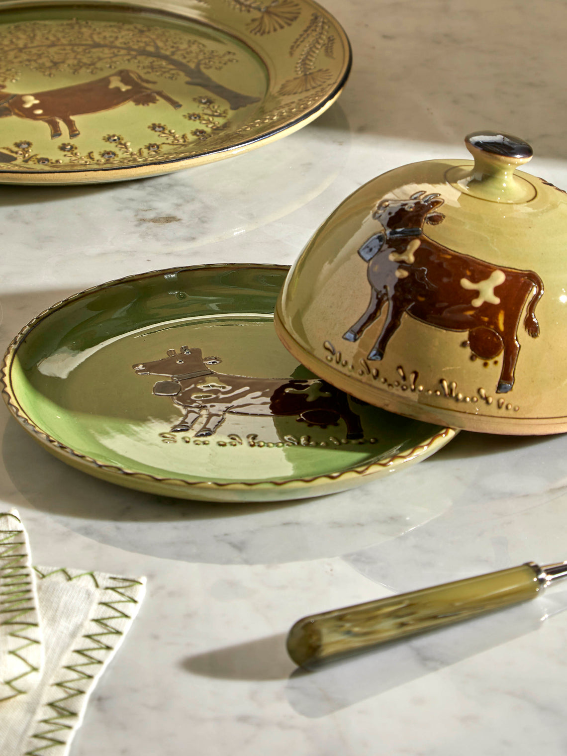 Poterie d’Évires - Cows Hand-Painted Ceramic Large Butter Dish - Green - ABASK
