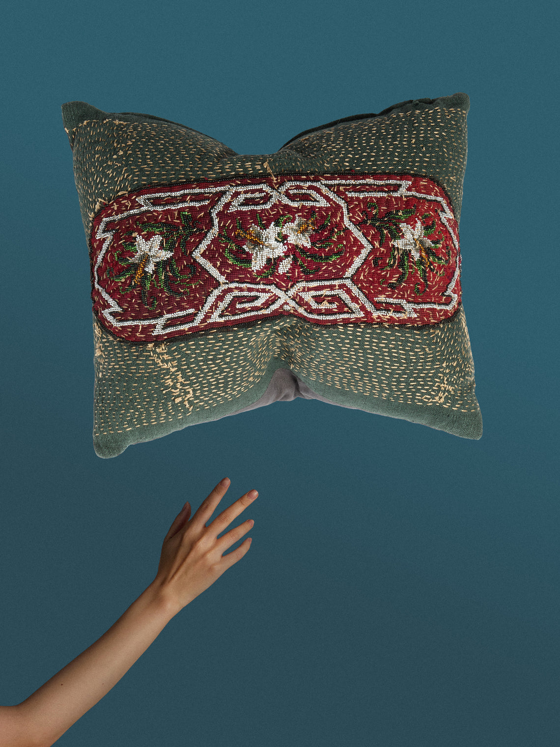 By Walid - 19th-Century Victorian Beaded Needlepoint Wool and Linen Cushion (21.5in/45cm) - Green - ABASK
