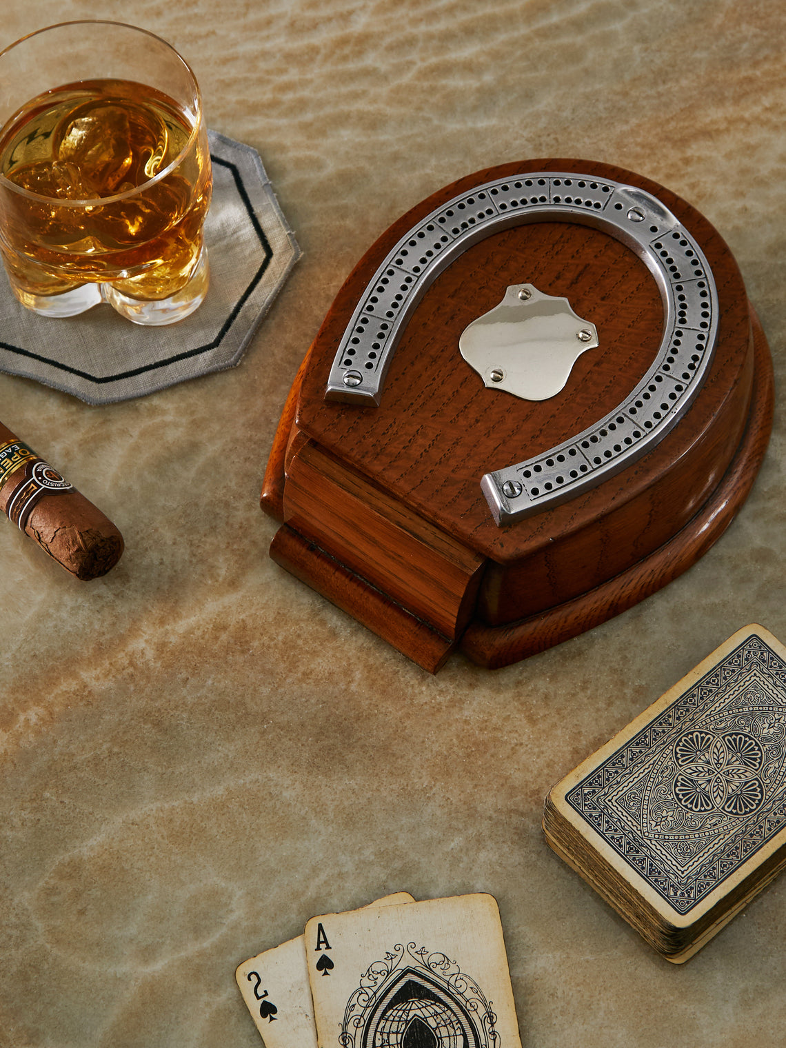 Antique and Vintage - 1910s Horse English Oak and Silver-Plated Cribbage & Cards Box -  - ABASK