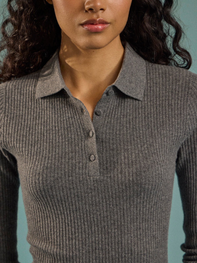 Arch4 - Nightingale Baby Goat Cashmere Long-Sleeved Polo Top | Size: S - Gray - ABASK