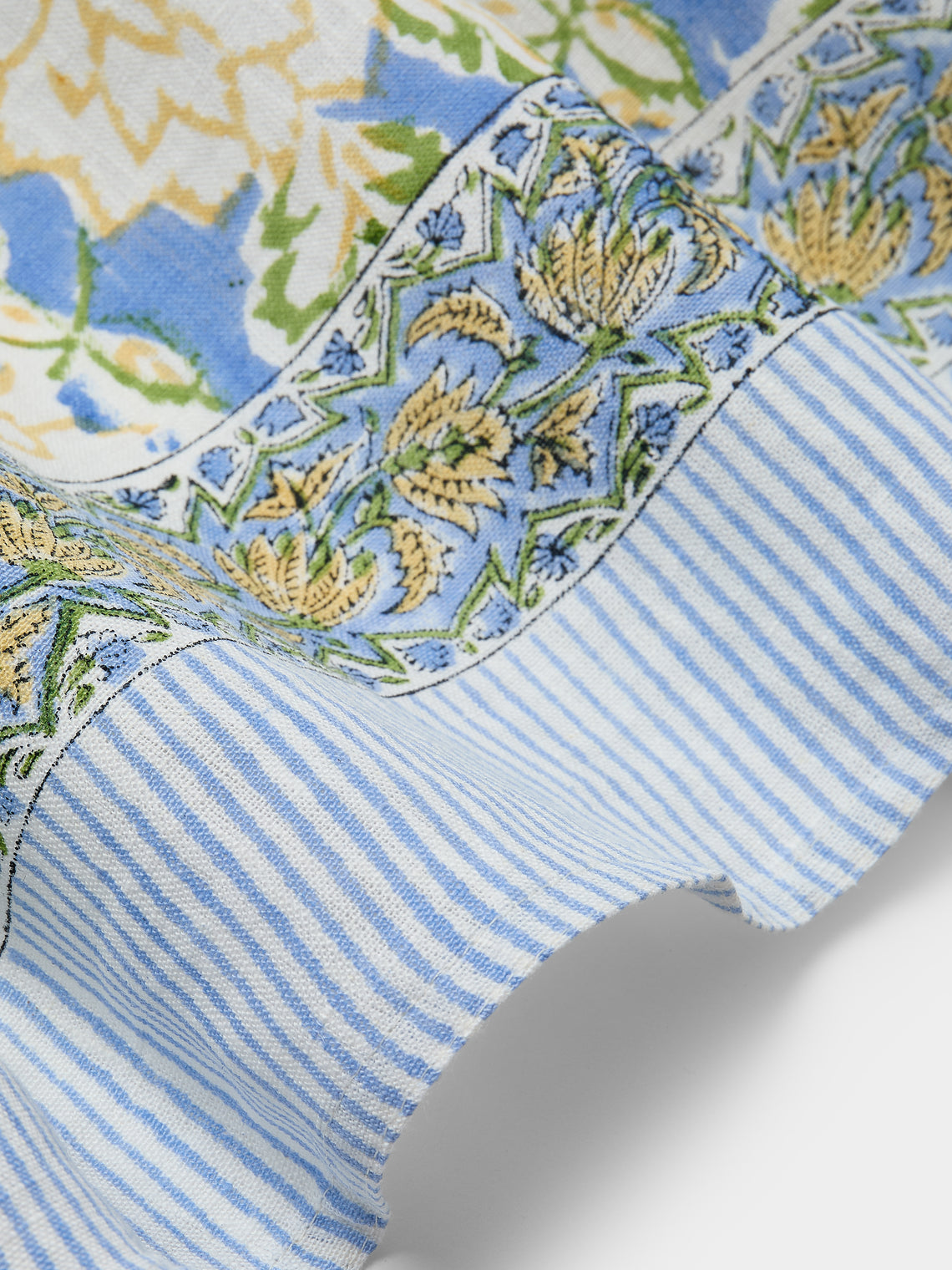 Chamois - Dahlia Block-Printed Linen Rectangular Tablecloth (90.5in/2.3m) - Blue - ABASK