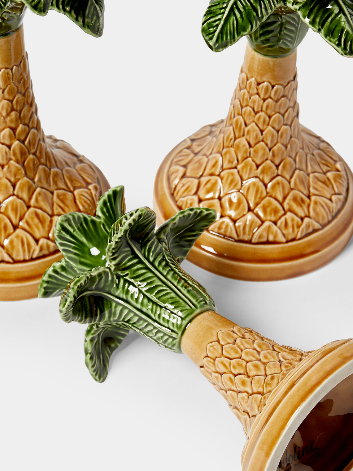Verdolini - Palm Tree Hand-Painted Majolica Ceramic Candle Holders (Set of 3) - Green - ABASK
