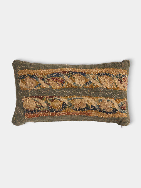 By Walid - 19th-Century French Napoleon III Aubusson Tapestry and Hemp Cushion (21.5in/55cm) - Blue - ABASK - 