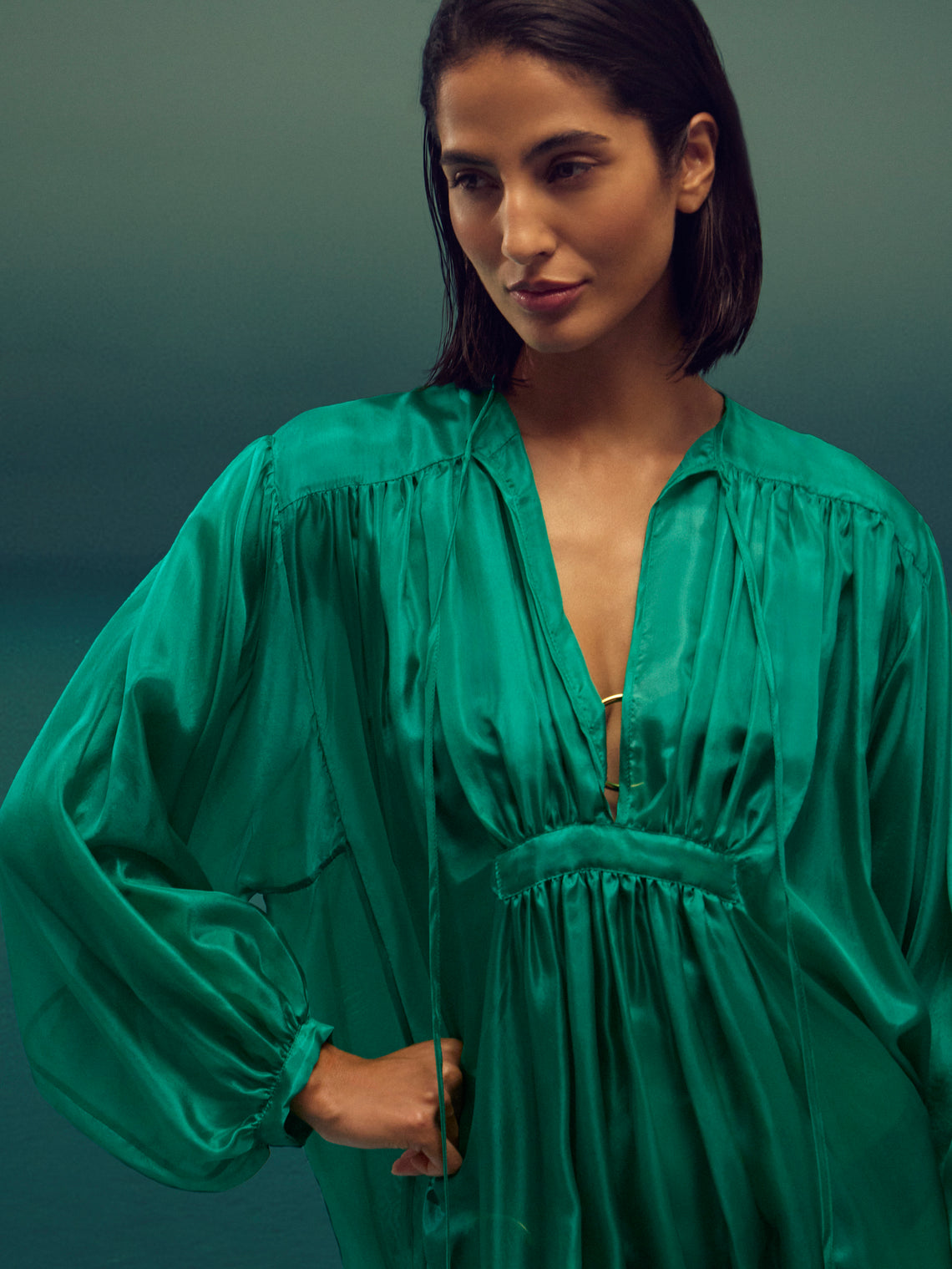 Les Vacances D'Irina - The Hazy Nipple Silk Long Dress | One Size - Green - ABASK