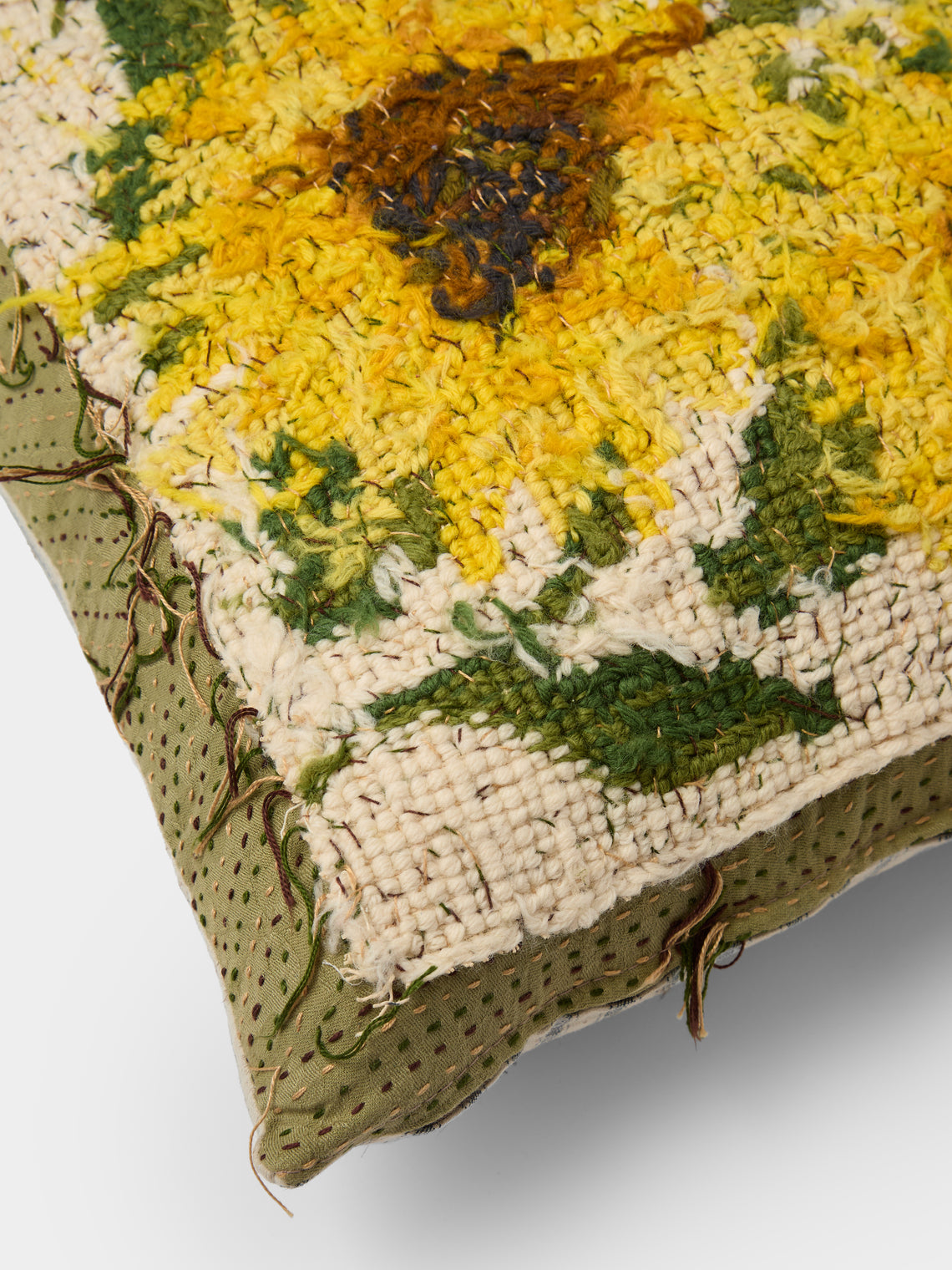 By Walid - 1920s French Needlepoint Wool and Ticking Fabric Cushion (18.5in/47cm) - Multiple - ABASK