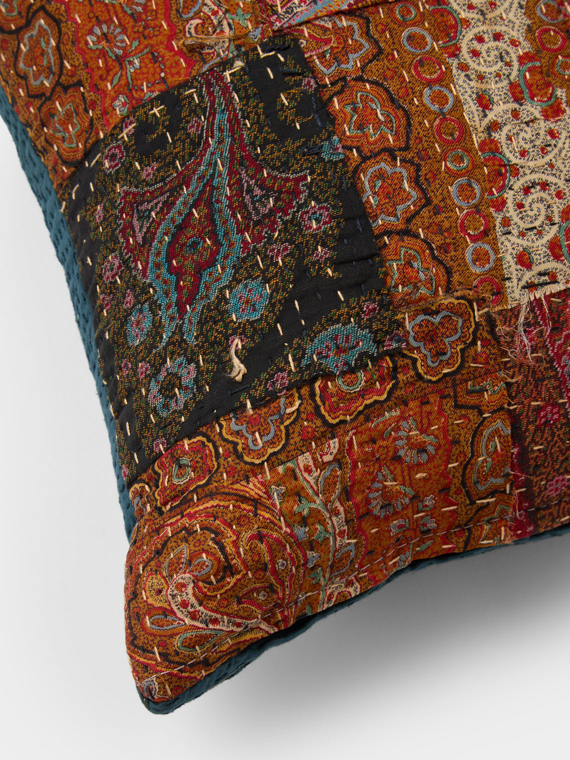 By Walid - 19th-Century Paisley Patchwork Wool and Linen Cushion (15.5in/40cm) - Multiple - ABASK