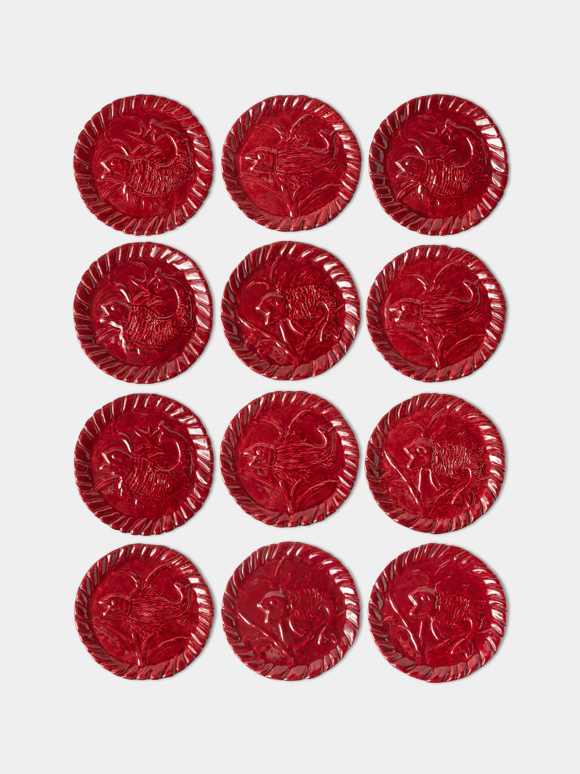 Antique and Vintage - 1950s Jerome Massier Ceramic Lobster Platter with Dinner Plates (Set of 12) - Red - ABASK