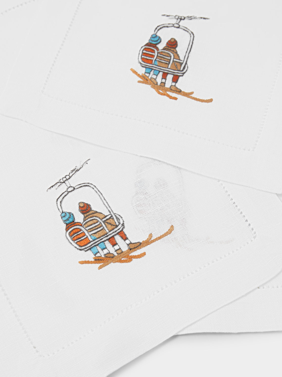 ERI Textiles - | Set of 6 | Up We Go Skiing Hand-Embroidered Linen Cocktail Napkins - White - ABASK