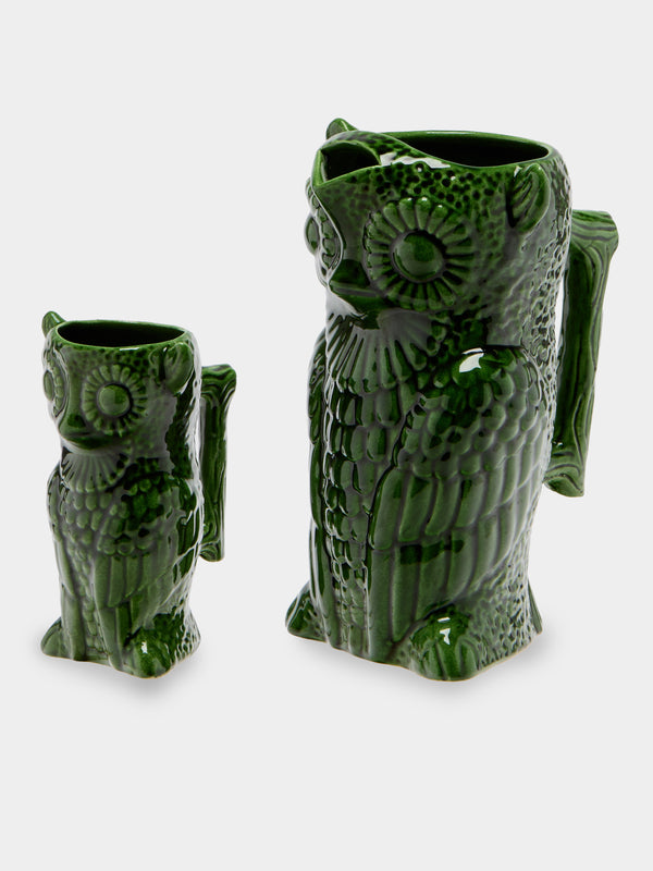 Antique and Vintage - Mid-Century Owls Ceramic Jug with Mugs (Set of 7) - Green - ABASK
