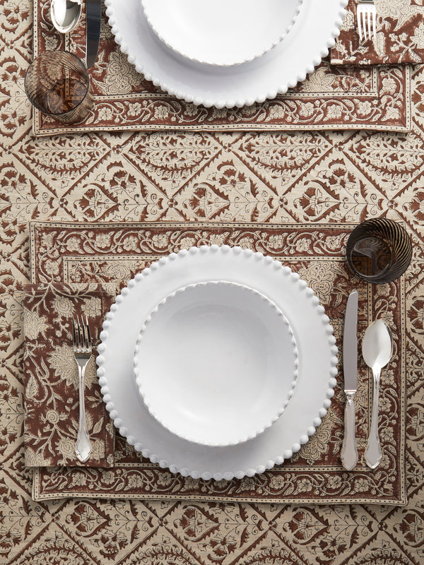 Chamois - Indian Rose Block-Printed Linen Placemats (Set of 4) - Brown - ABASK