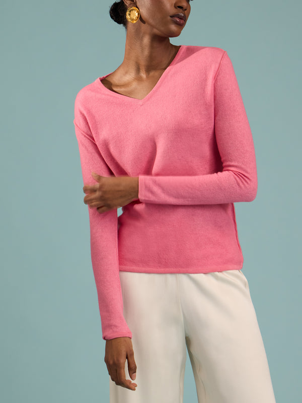 Denis Colomb - Fuzzy Brushed Cashmere V-Neck Sweater | Size: S - Pink - ABASK