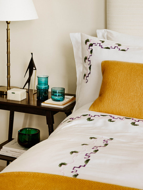 Loretta Caponi - Geometric Hand-Embroidered Cotton King-Size Top Sheet -  - ABASK