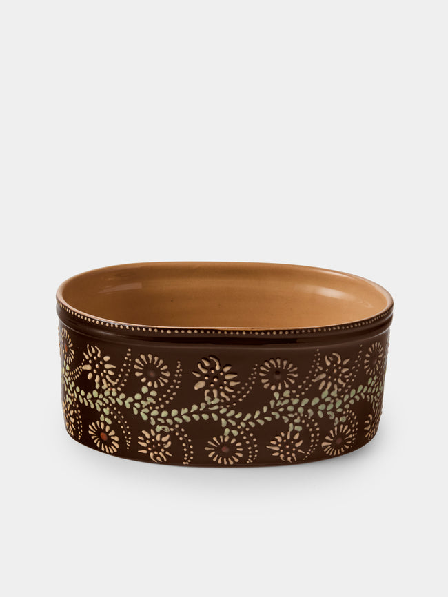 Poterie d’Évires - Flowers Hand-Painted Ceramic Oval Dish - Dark Brown - ABASK - 