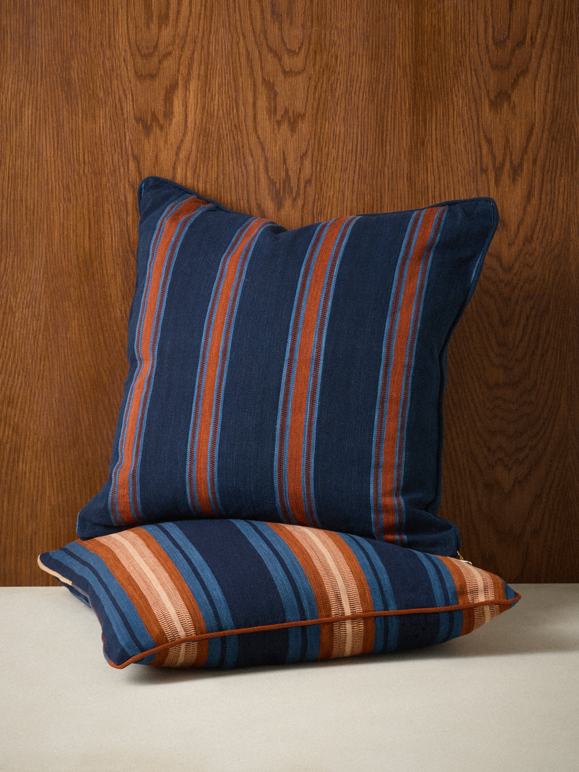 R Collective - Handwoven Indigo Striped Cotton Cushion (19.5in/50cm) - Blue - ABASK