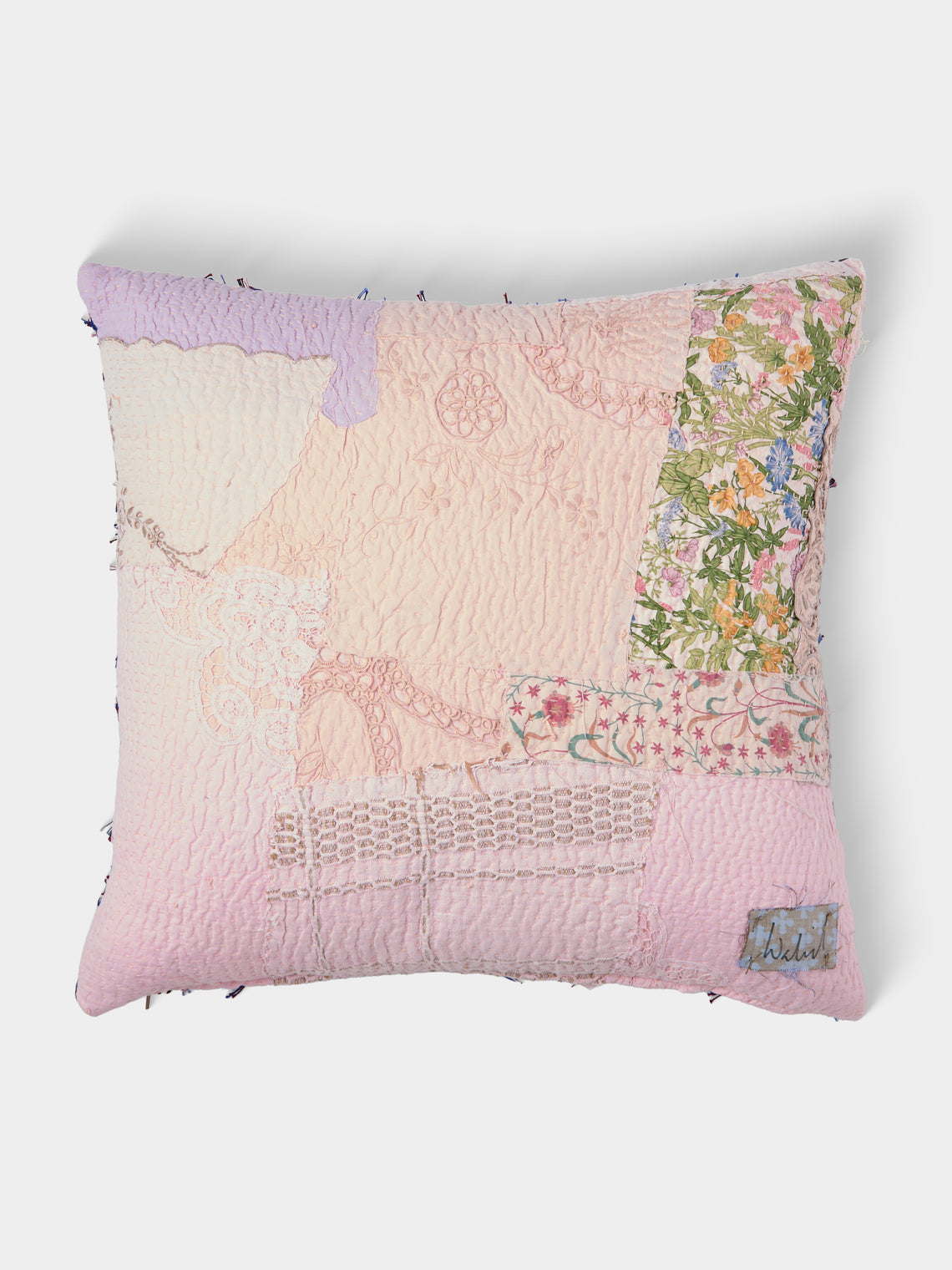 By Walid - 19th-Century Victorian Needlepoint Wool and Cotton Patchwork Cushion (19.5in/50cm) - Multiple - ABASK