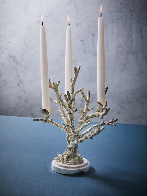 Objet Luxe - Coral and Clam Shells Mother-of-Pearl and Silver-Plated Candle Holder - Silver - ABASK