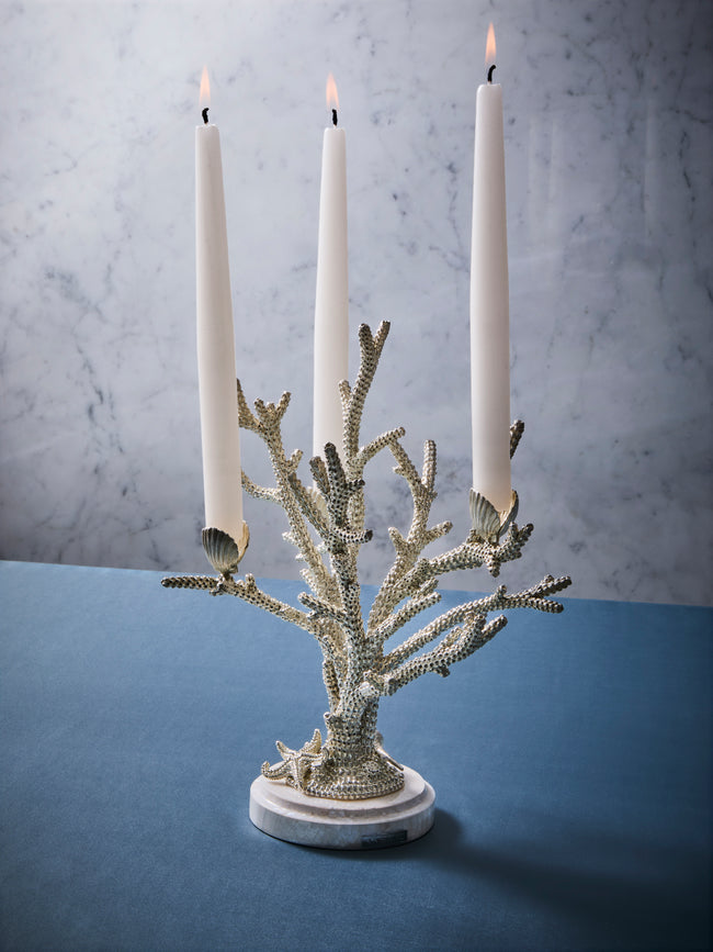 Objet Luxe - Coral and Clam Shells Mother-of-Pearl and Silver-Plated Candle Holder - Silver - ABASK