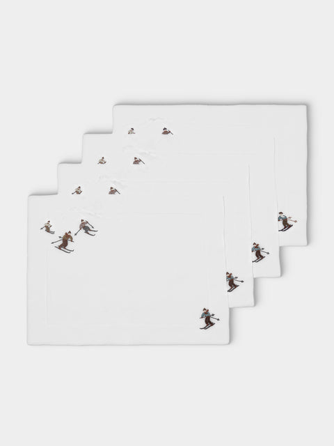 ERI Textiles - | Set of 4 | Skiers Hand-Embroidered Linen Placemats - Multiple - ABASK - 
