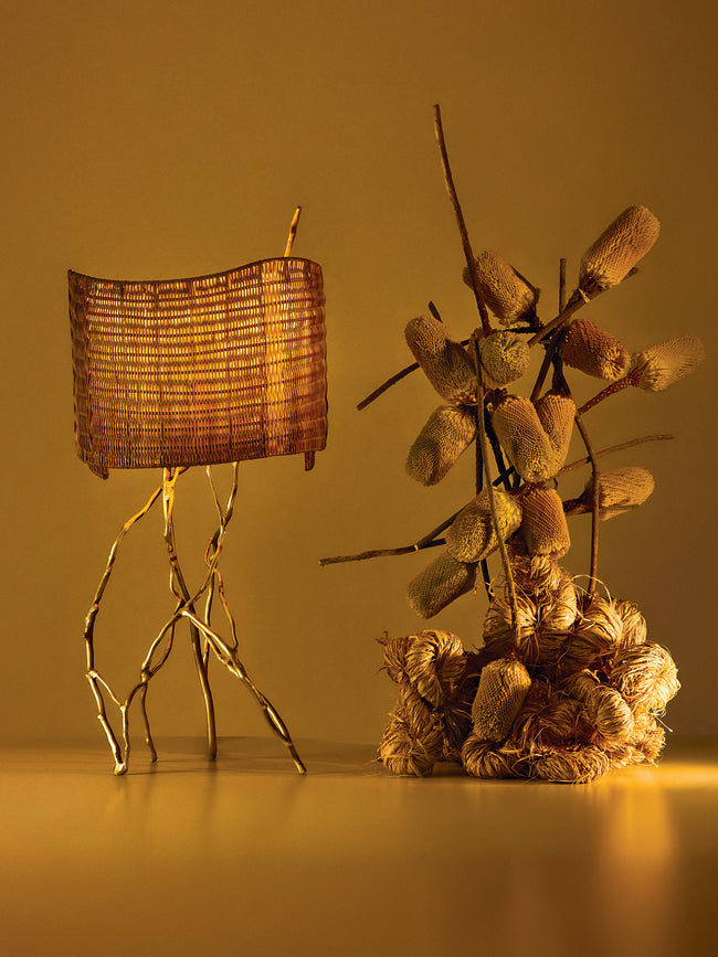 Viya - Majuli Brass and Handwoven Cane Table Lamp - Brass - ABASK