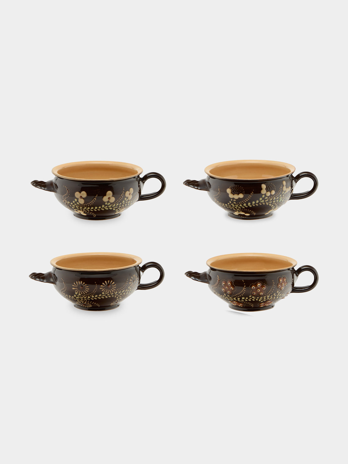 Poterie d’Évires - Flowers Hand-Painted Ceramic Soup Bowls (Set of 4) - Dark brown - ABASK - 