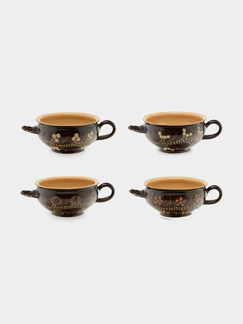 Poterie d’Évires - Flowers Hand-Painted Ceramic Soup Bowls (Set of 4) - Dark brown - ABASK - 