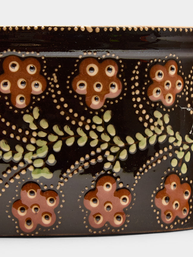 Poterie d’Évires - Flowers Hand-Painted Ceramic Oval Serving Dish - Dark brown - ABASK