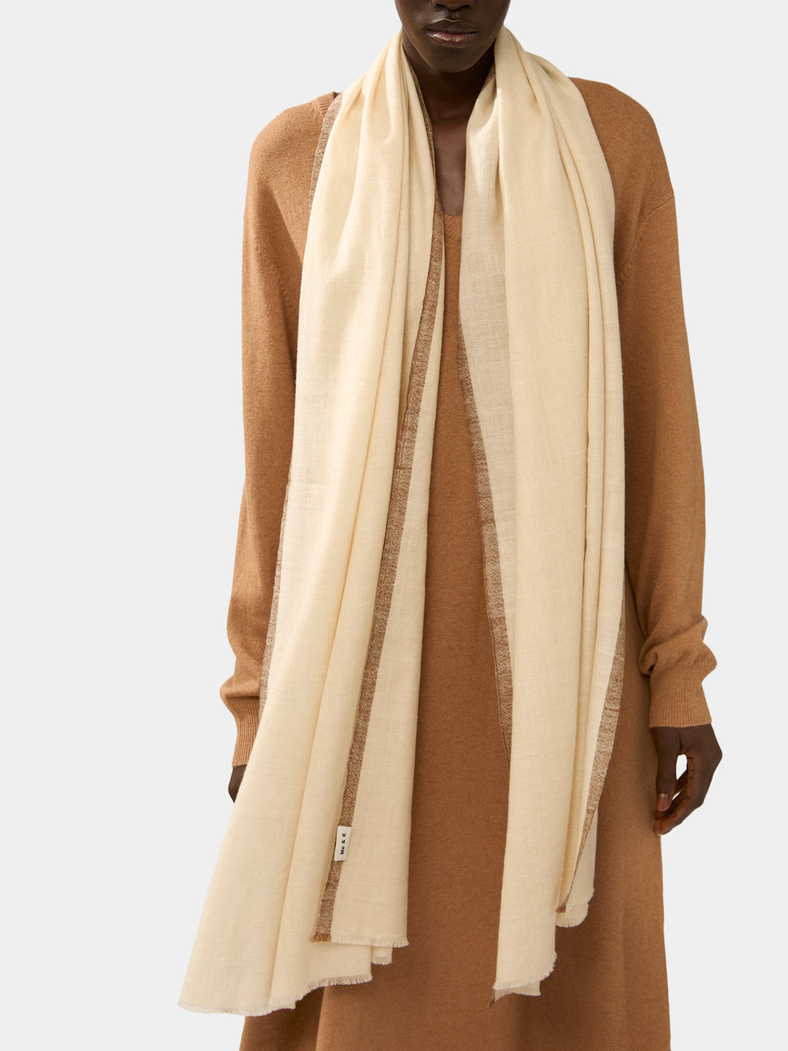 Me & K - Cashmere Border-Stripe Scarf - Ivory - ABASK