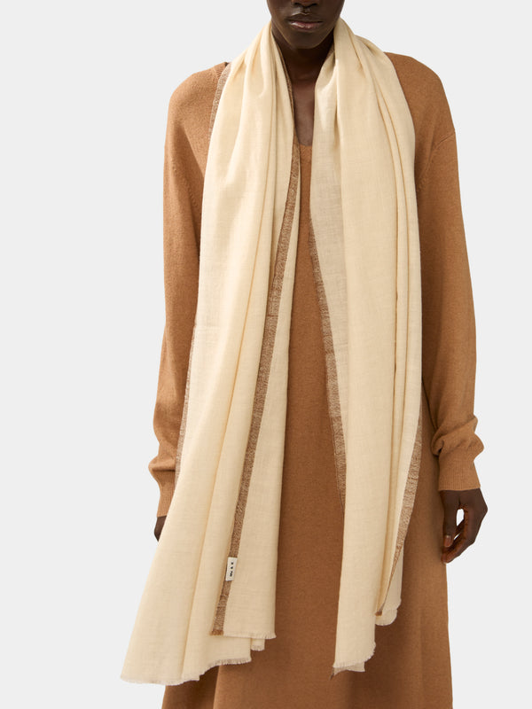 Me & K - Cashmere Border-Stripe Scarf - Ivory - ABASK