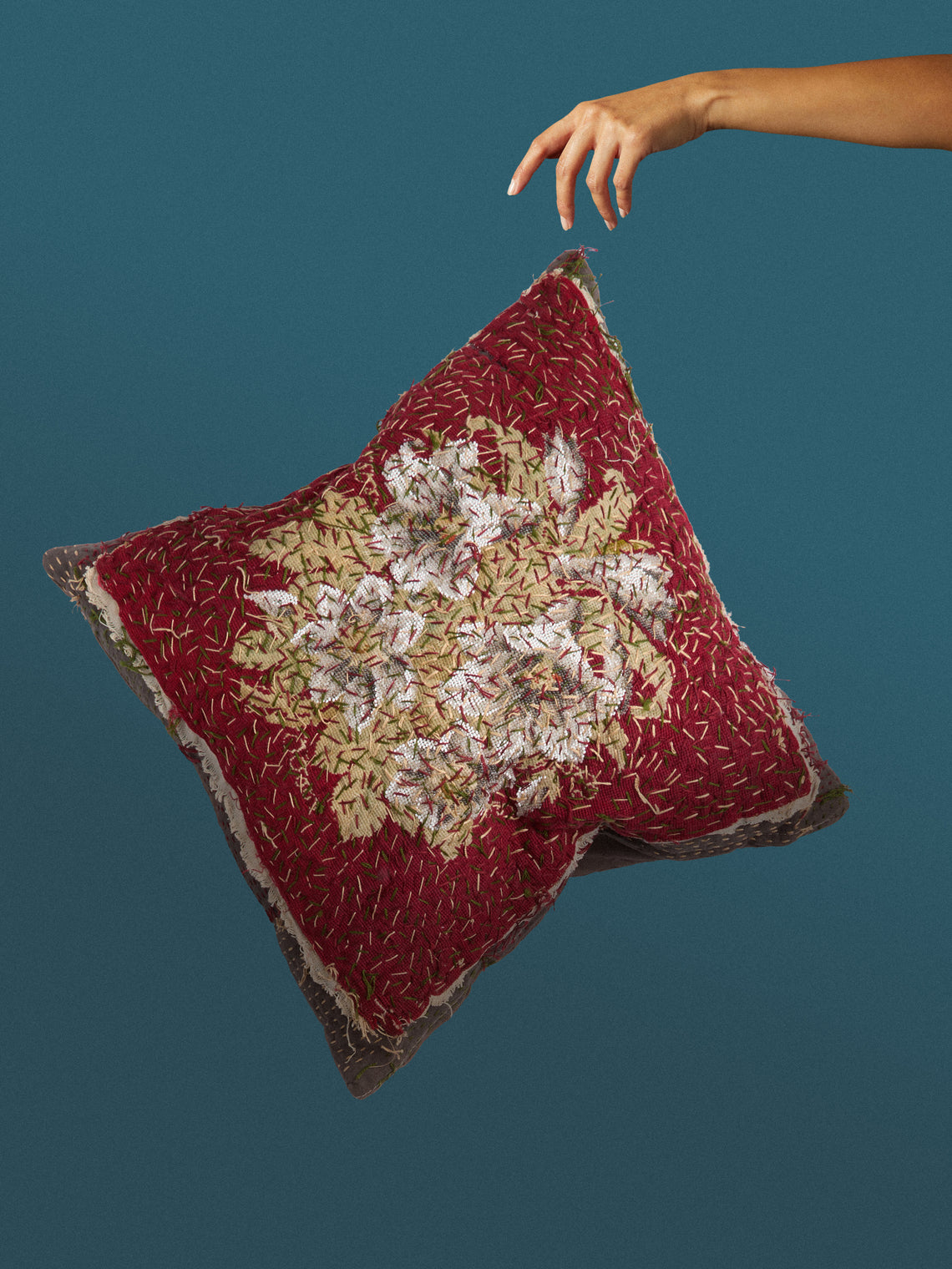 By Walid - 19th-Century Beaded Needlepoint Wool and Linen Cushion (17.5in/45cm) - Multiple - ABASK