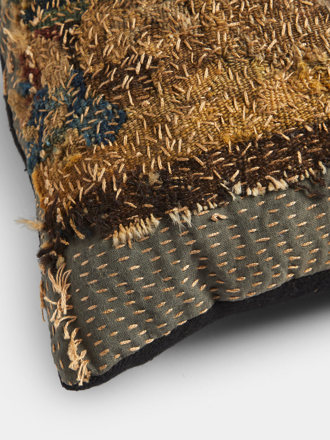 By Walid - 17th-Century French Tapestry and Linen Cushion (19.5in/50cm) - Navy - ABASK