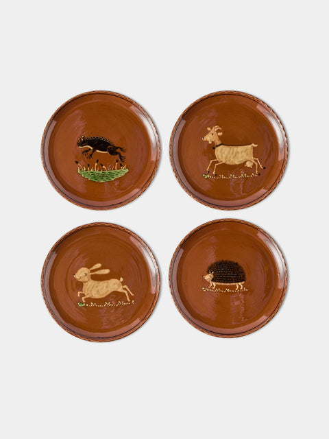 Poterie d’Évires - Animals Hand-Painted Ceramic Dinner Plates – 9.5in/24cm (Set of 4) - Light Brown - ABASK - 