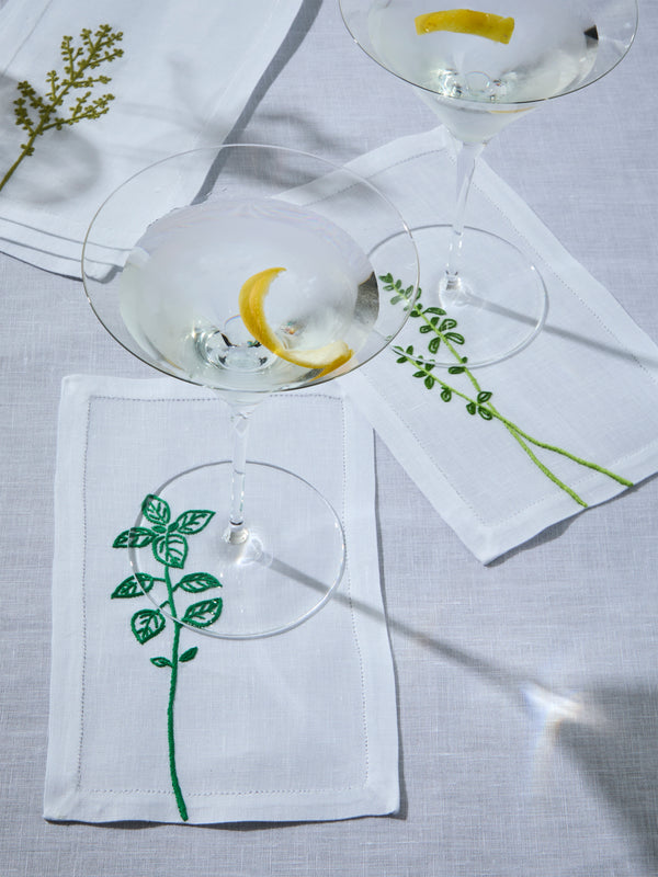 Taf Firenze - | Set of 6 | Fauna Hand-Embroidered Linen Cocktail Napkins - White - ABASK